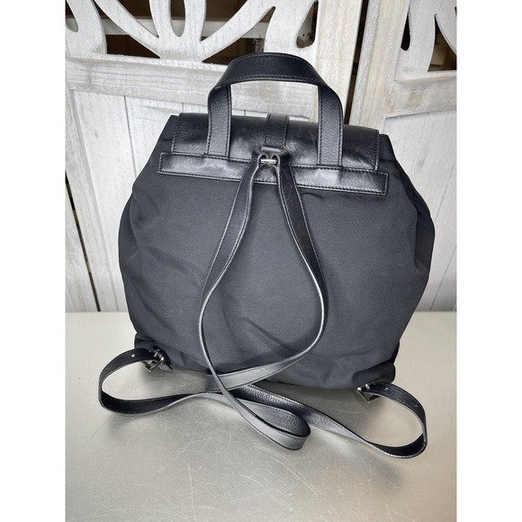 Authentic GUCCI Backpack Bag Black Leather Nylon Printed Logo Silver Metal